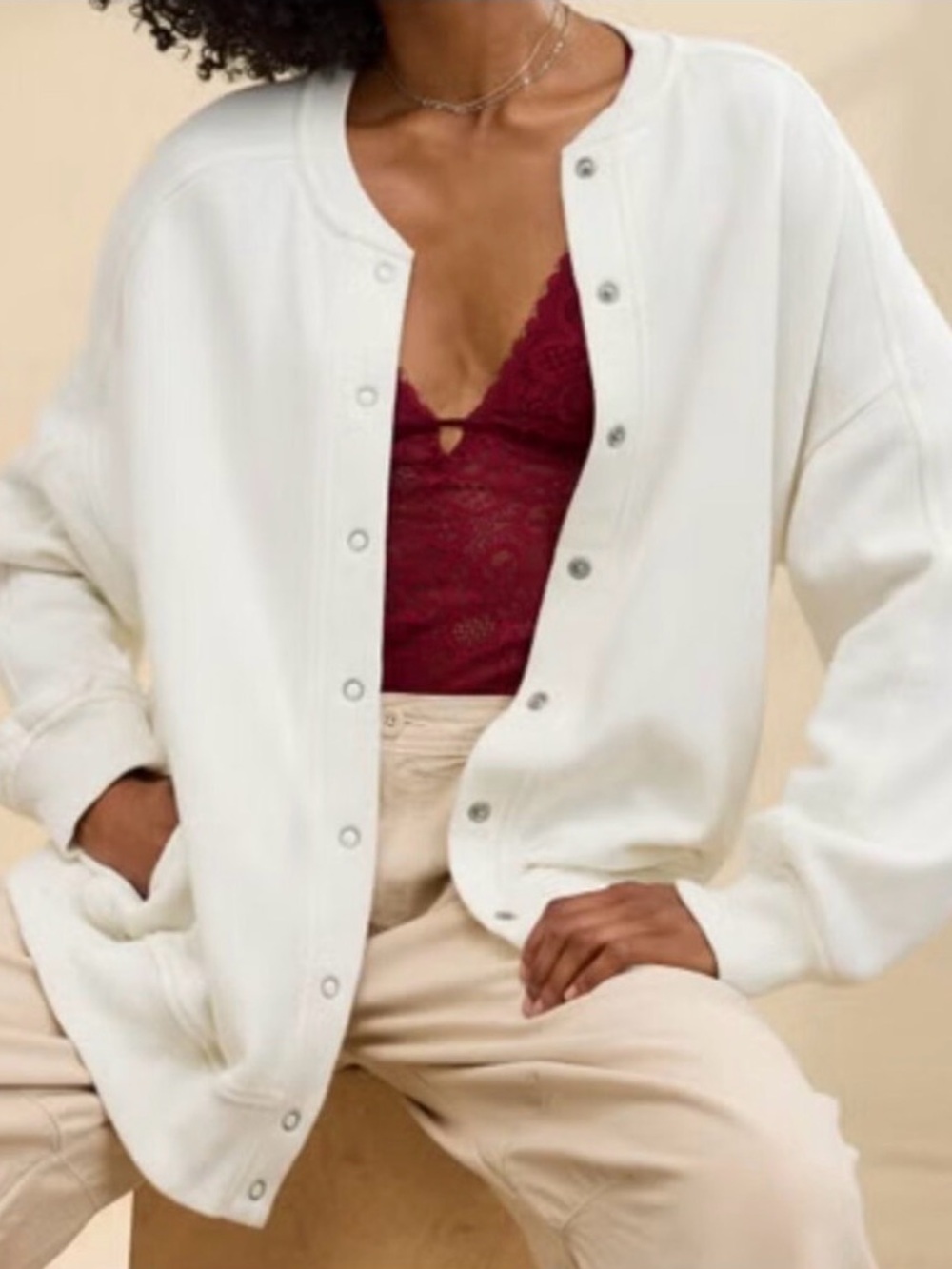 Aerie Cardi Bomber Jacket Womens XL Cream Snap Front Muslin NWT